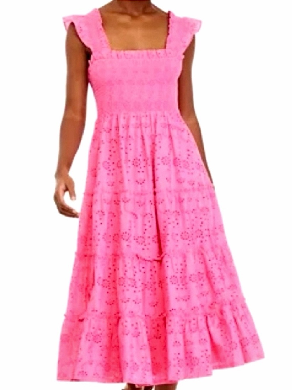 Gorgeous Pink Eyelet Tiered Midi Dress – Size Large